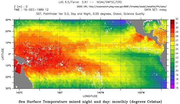 Sea surface temperature map, equitorial Pacific, December 16, 1989